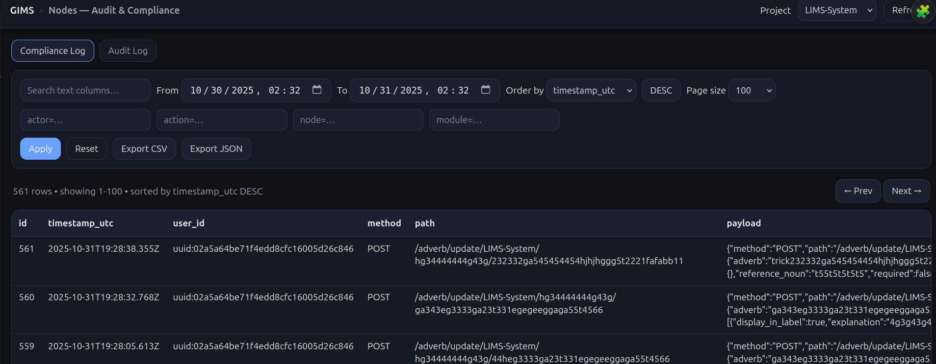 GIMS compliance audit log — append-only event ledger