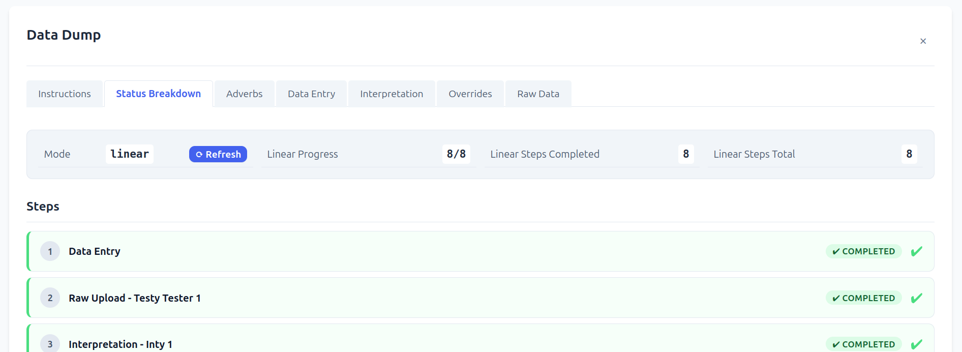 GIMS workflow status — linear step completion tracker