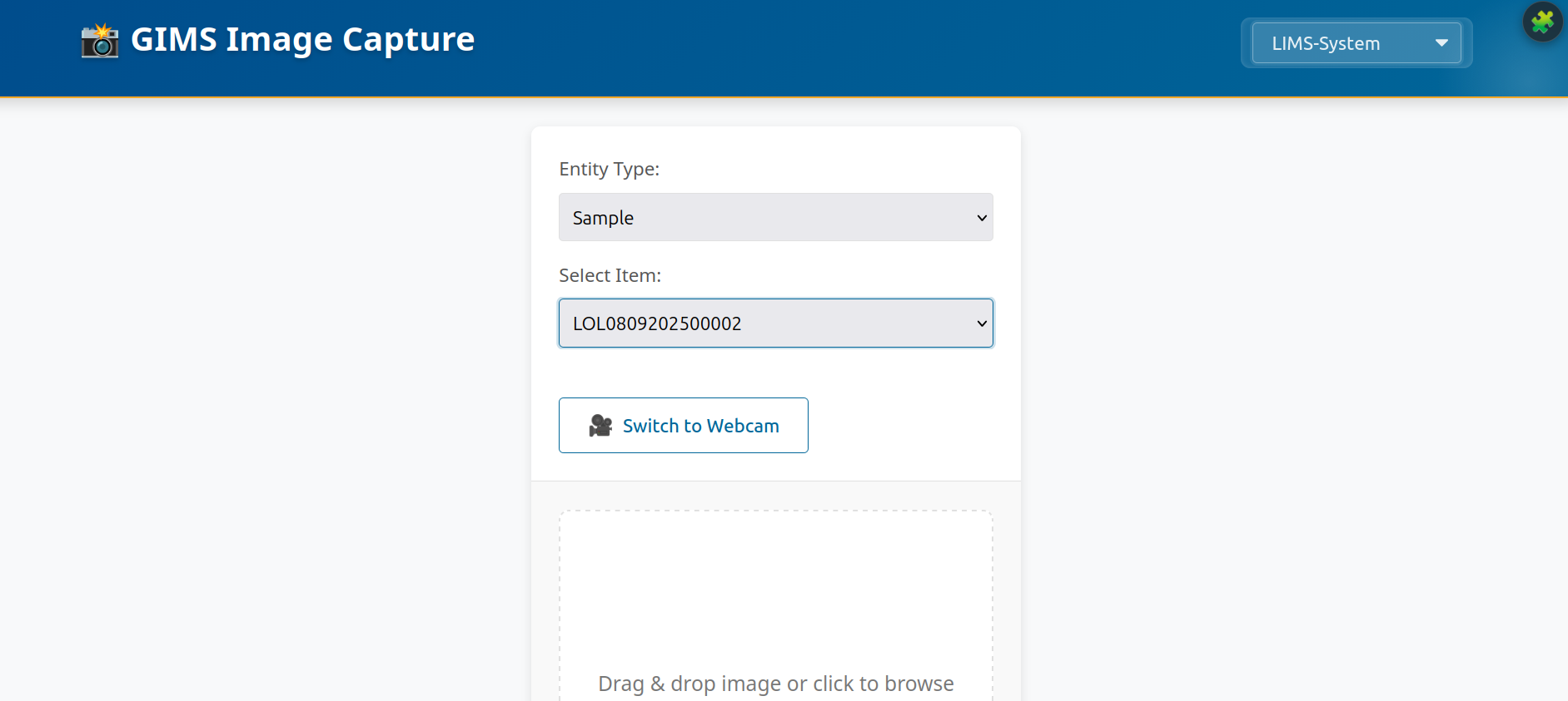 GIMS image capture — webcam and file upload for samples