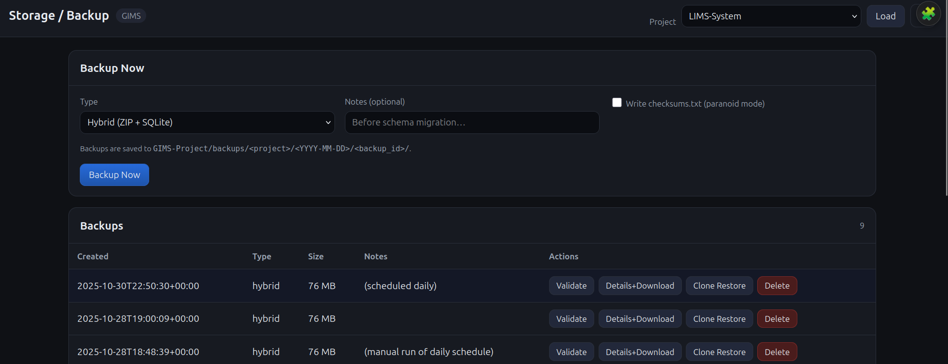 GIMS storage and backup — hybrid backup management