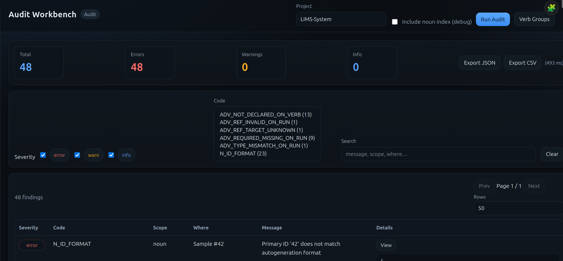 GIMS audit workbench — findings and error codes