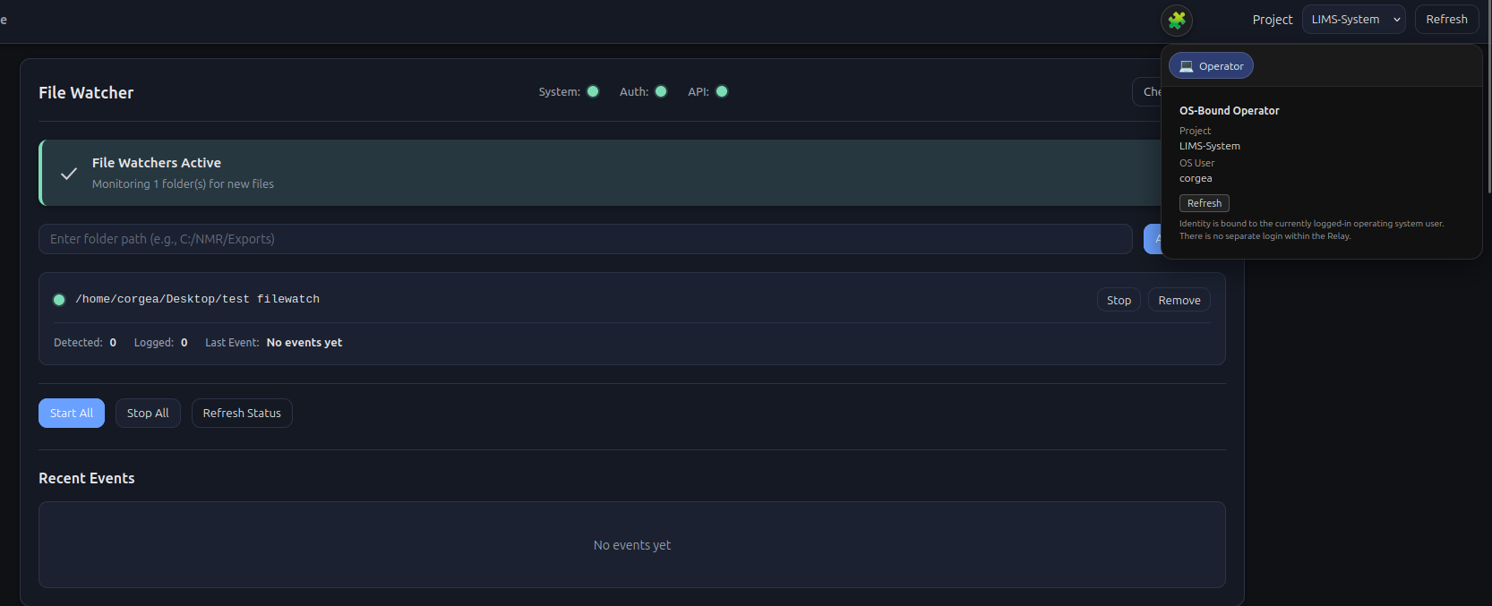 GIMS Compliance Relay file watcher UI — active